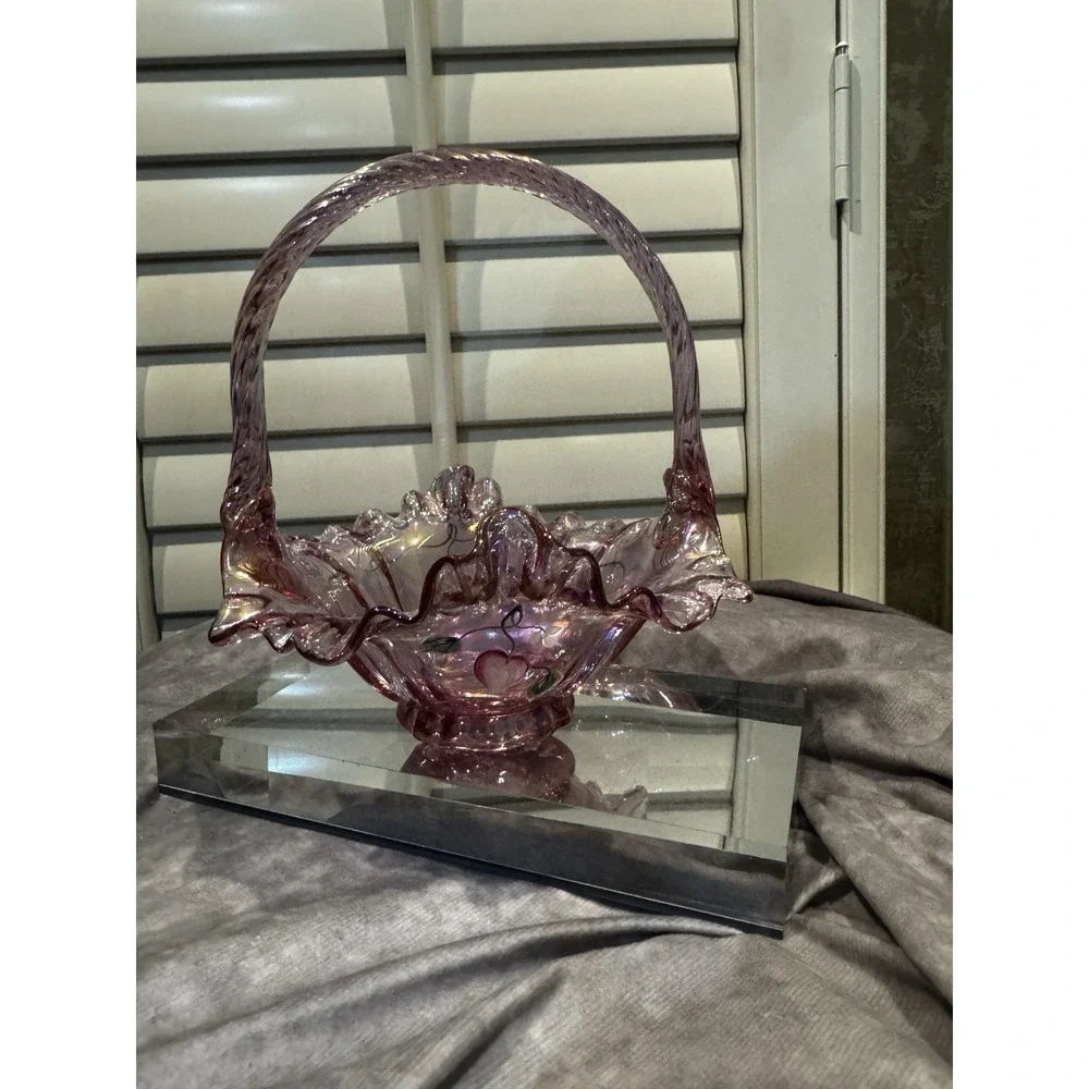 Signed Hand painted FENTON Purple RIBBON-CANDY Edge Floral Basket!